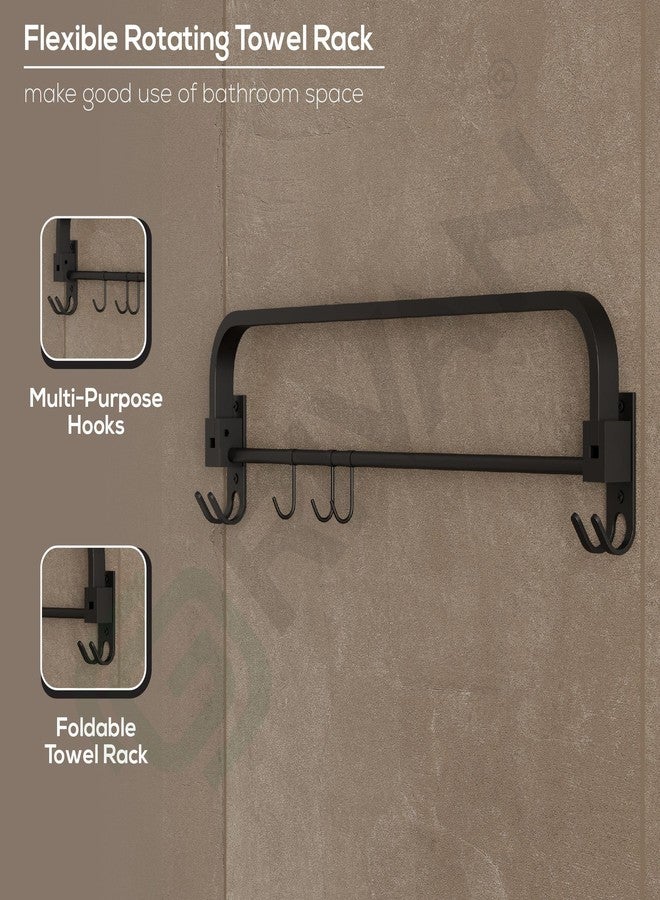 GRIVAN Stylish Stainless Steel 24 Inch Foldable Towel Rod/Shelf/Stand for Bathroom, Towel Holder with Hooks and Hanger (Black Matte Finish) - Image 5